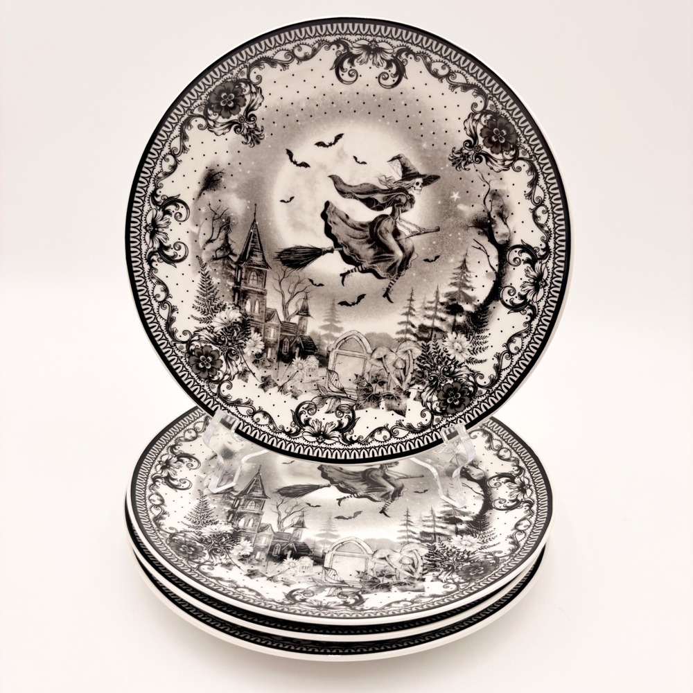 Eaton Fine Dining Witch and Broom Halloween Salad Plates Set of 4 Black White 8"